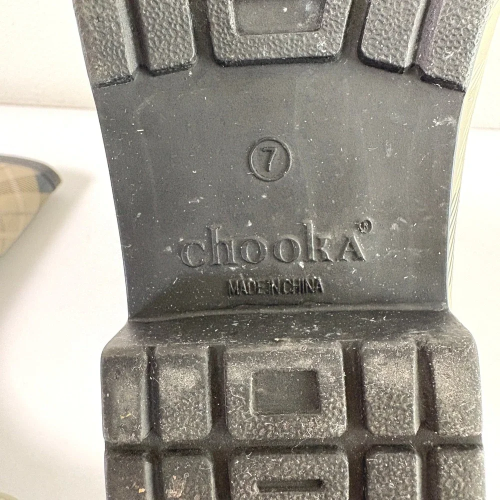 Chooka Rain Boots Womens 7 Olive Black Eastlake Plaid Mid Pebble Rubber Buckle